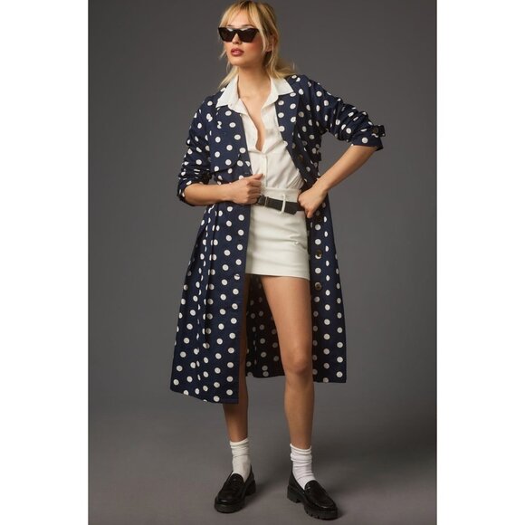 Anthropologie Porridge Neomie Polka Dot Trench Coat In Navy Size XS